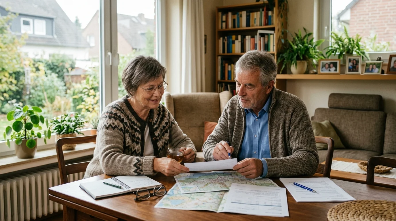 Aeltere Frau und aelterer Mann besprechen Unterlagen in einem hellen Raum
